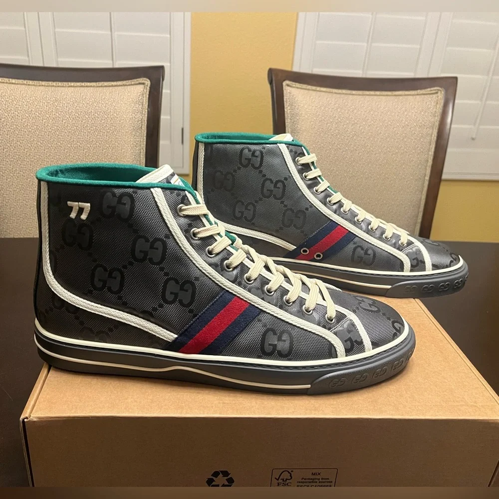 New Gucci Tennis 1977 GG Supreme Logo Gray High Sneaker Shoes UK 13 / US 13.5 - Picture 3 of 16